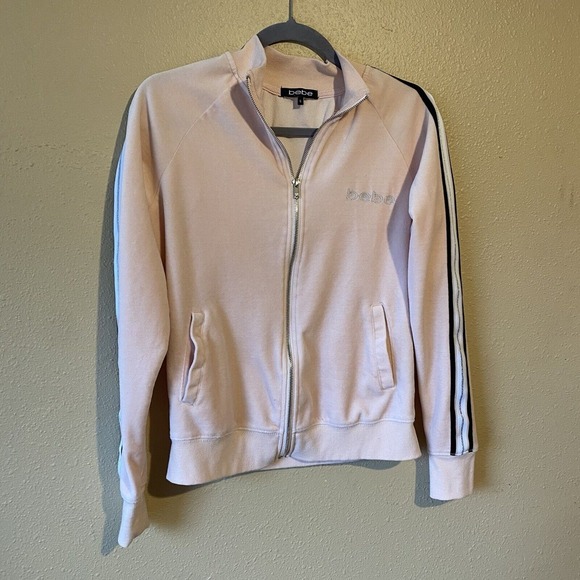 Y2K Bebe Sport Pink/Black/white/Silver Velour Zip up‎ Track Suit Sweatshirt S - Picture 1 of 10
